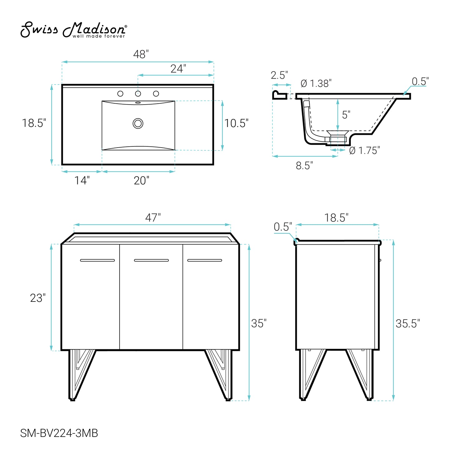 Swiss Madison, Annecy 48 in. Black Walnut Bathroom Vanity With Black, 3-Hole Ceramic Sink Top