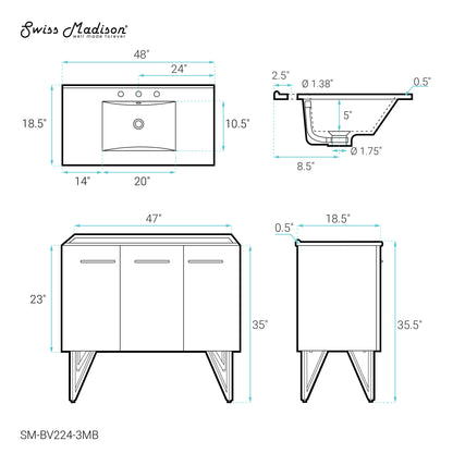 Swiss Madison, Annecy 48 in. Black Walnut Bathroom Vanity With Black, 3-Hole Ceramic Sink Top