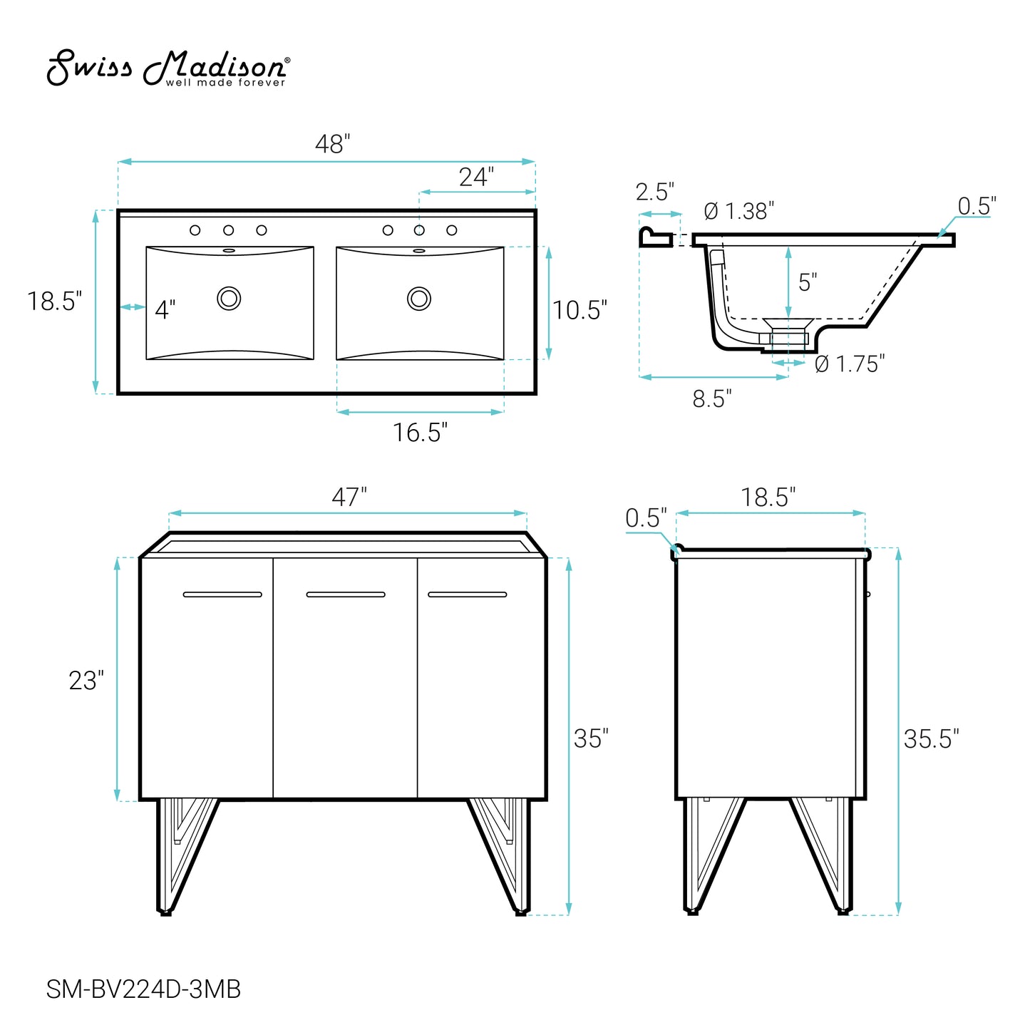 Swiss Madison, Annecy 48 in. Black Walnut, Double Basin Bathroom Vanity With Black, 3-Hole Ceramic Sink Top