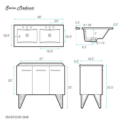 Swiss Madison, Annecy 48 in. Black Walnut, Double Basin Bathroom Vanity With Black, 3-Hole Ceramic Sink Top