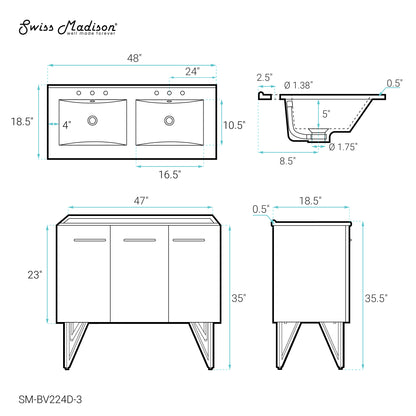 Swiss Madison, Annecy 48 in. Black Walnut, Double Basin Bathroom Vanity With White, 3-Hole Ceramic Sink Top