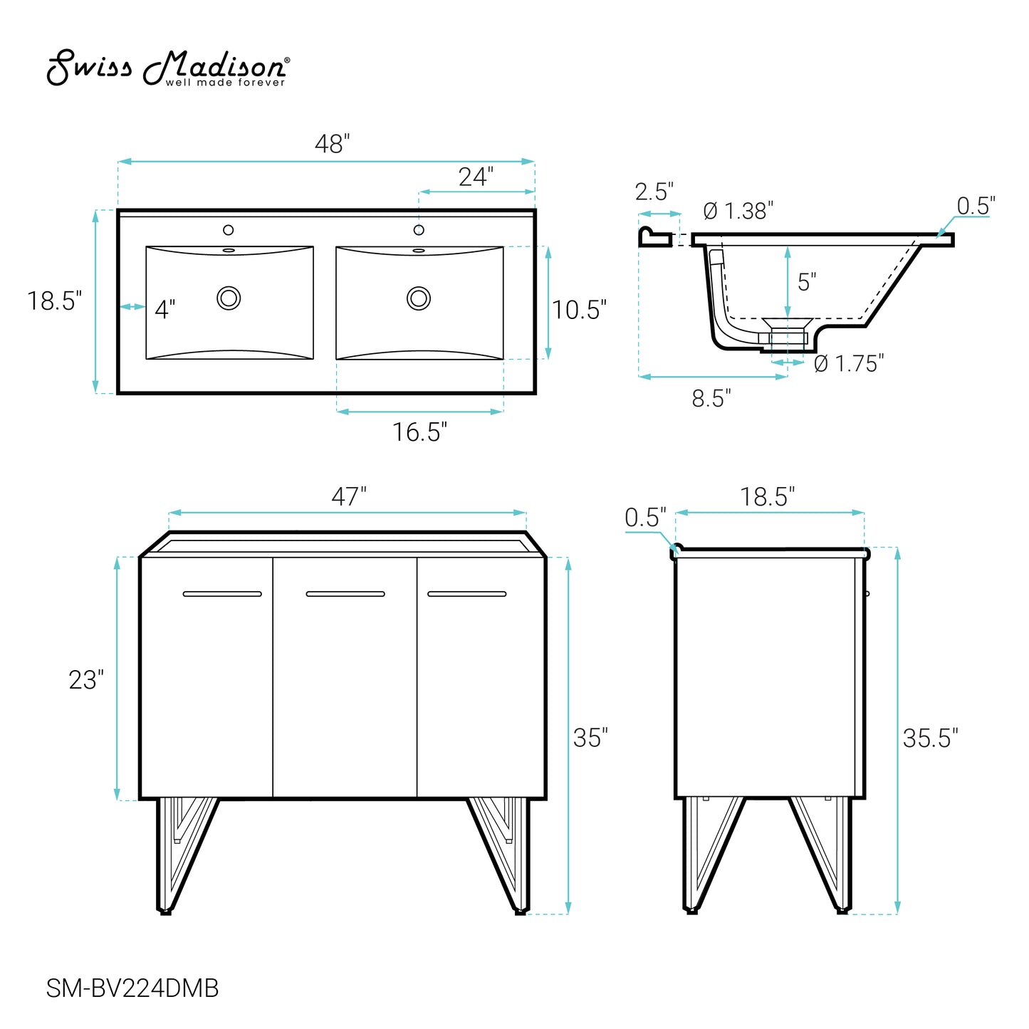 Swiss Madison, Annecy 48 in. Black Walnut, Double Basin Bathroom Vanity With Black Ceramic Sink Top