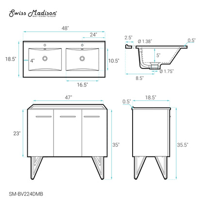 Swiss Madison, Annecy 48 in. Black Walnut, Double Basin Bathroom Vanity With Black Ceramic Sink Top