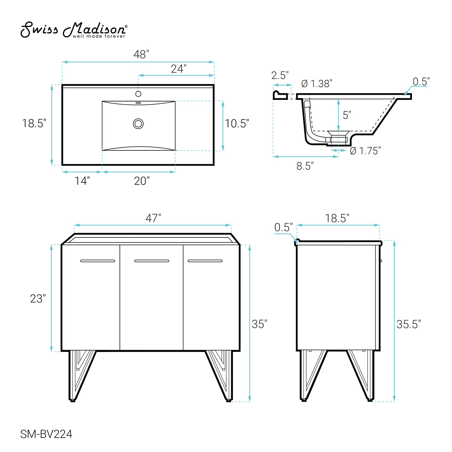 Swiss Madison, Annecy 48" Freestanding Bathroom Vanity in Black Walnut with Sink Top