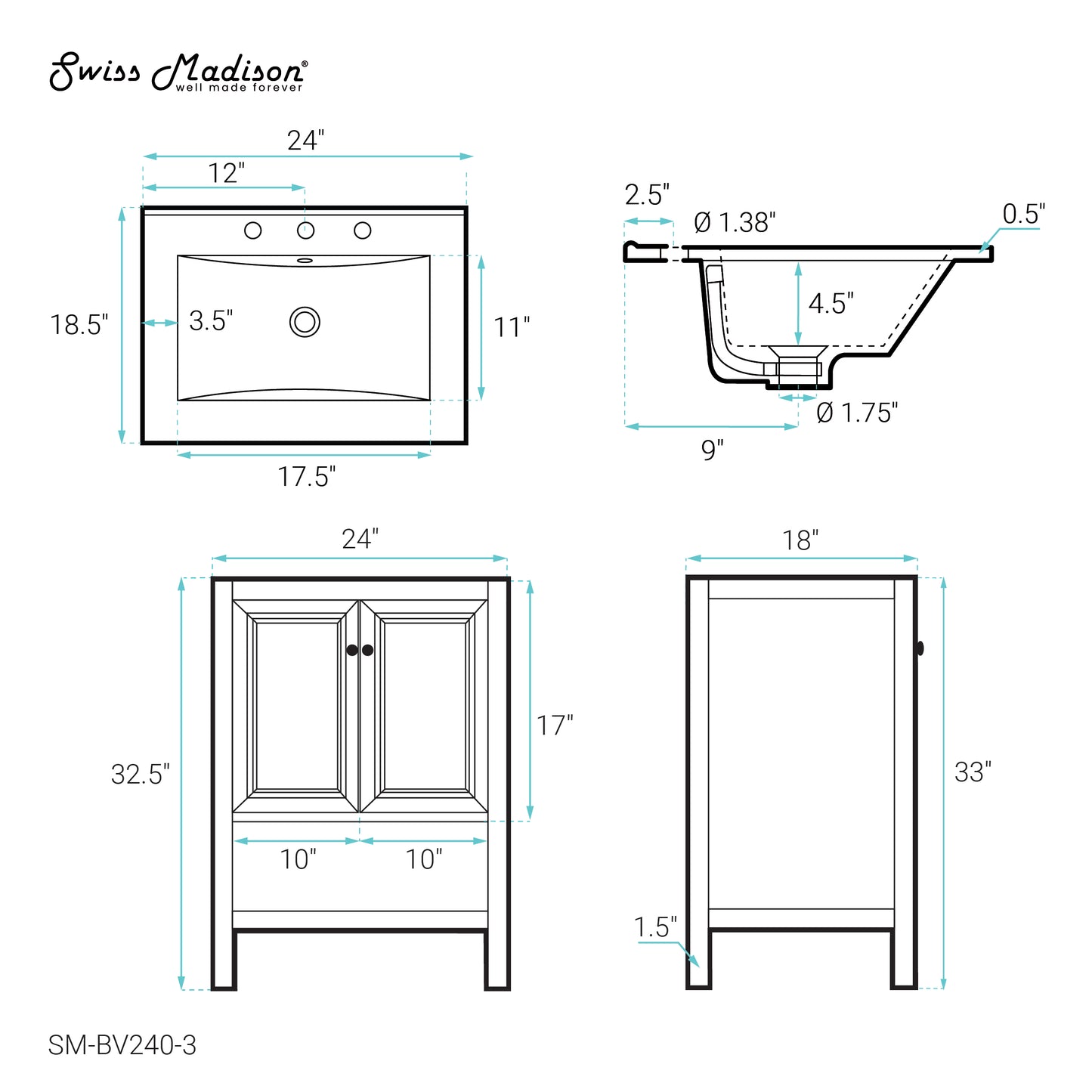Swiss Madison, Chateau 24" Freestanding Bathroom Vanity in Golden Oak with 3-Hole Centerset Sink Top