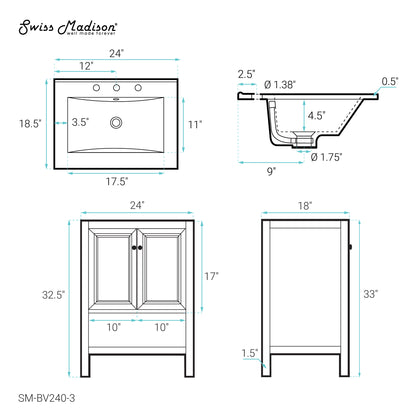 Swiss Madison, Chateau 24" Freestanding Bathroom Vanity in Golden Oak with 3-Hole Centerset Sink Top
