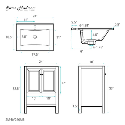 Swiss Madison, Chateau 24" Freestanding Bathroom Vanity in Golden Oak with Black Sink Top