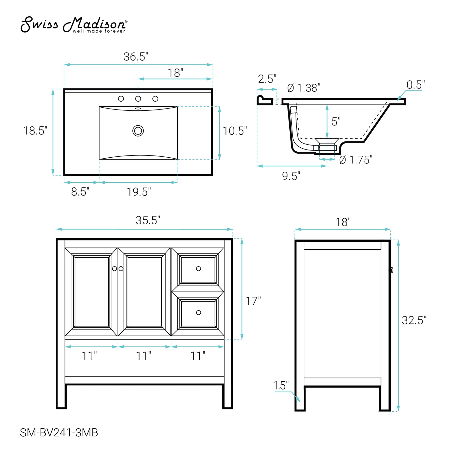 Swiss Madison, Chateau 36" Freestanding Bathroom Vanity in Golden Oak with Black 3-Hole Widespread Sink Top
