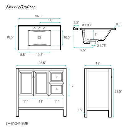 Swiss Madison, Chateau 36" Freestanding Bathroom Vanity in Golden Oak with Black 3-Hole Widespread Sink Top