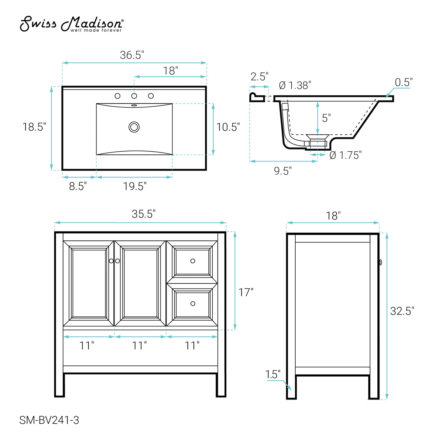 Swiss Madison Chateau 36-inch freestanding bathroom vanity in Golden Oak — view 6