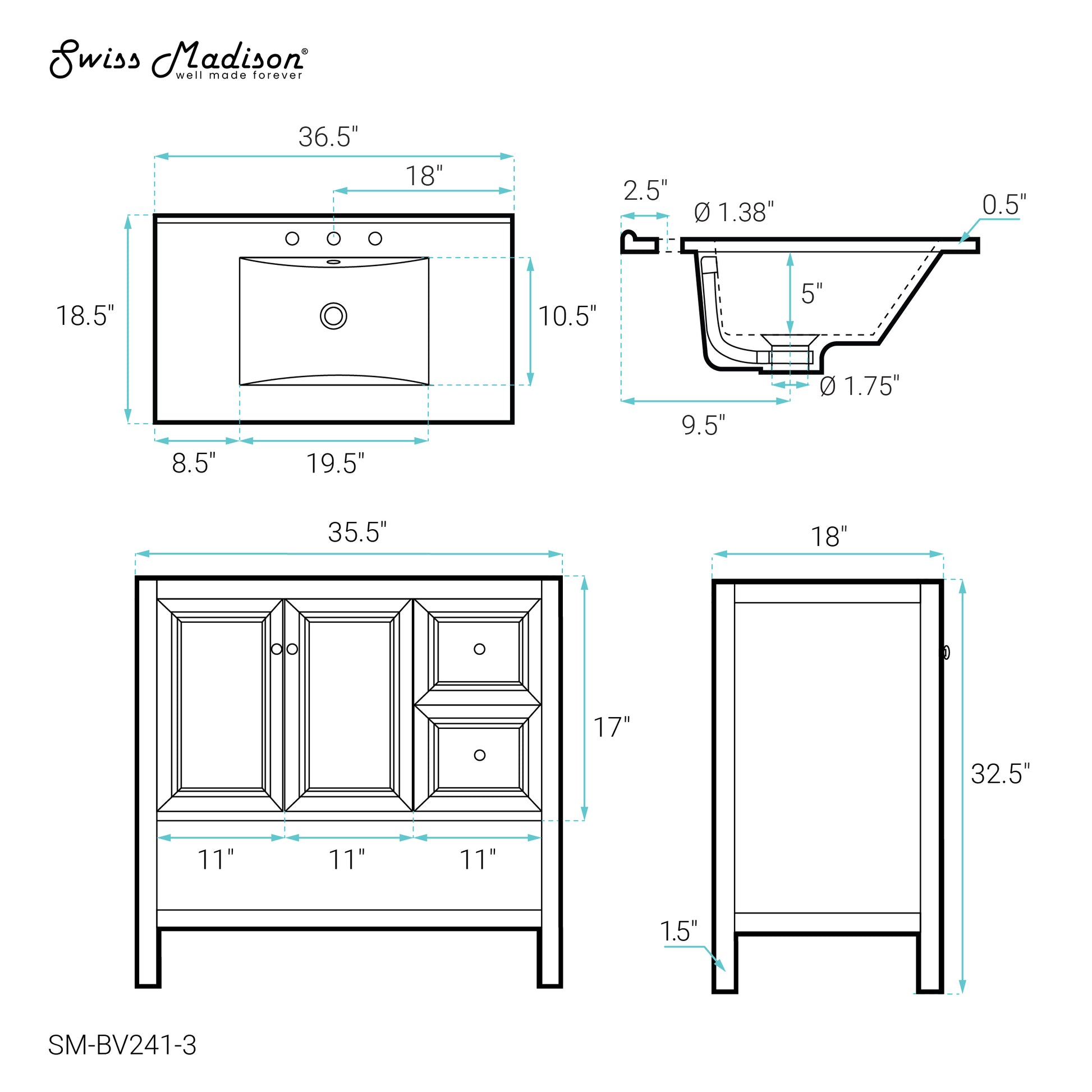 Swiss Madison Chateau 36-inch freestanding bathroom vanity in Golden Oak — view 6