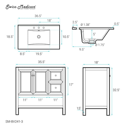 Swiss Madison Chateau 36-inch freestanding bathroom vanity in Golden Oak — view 6