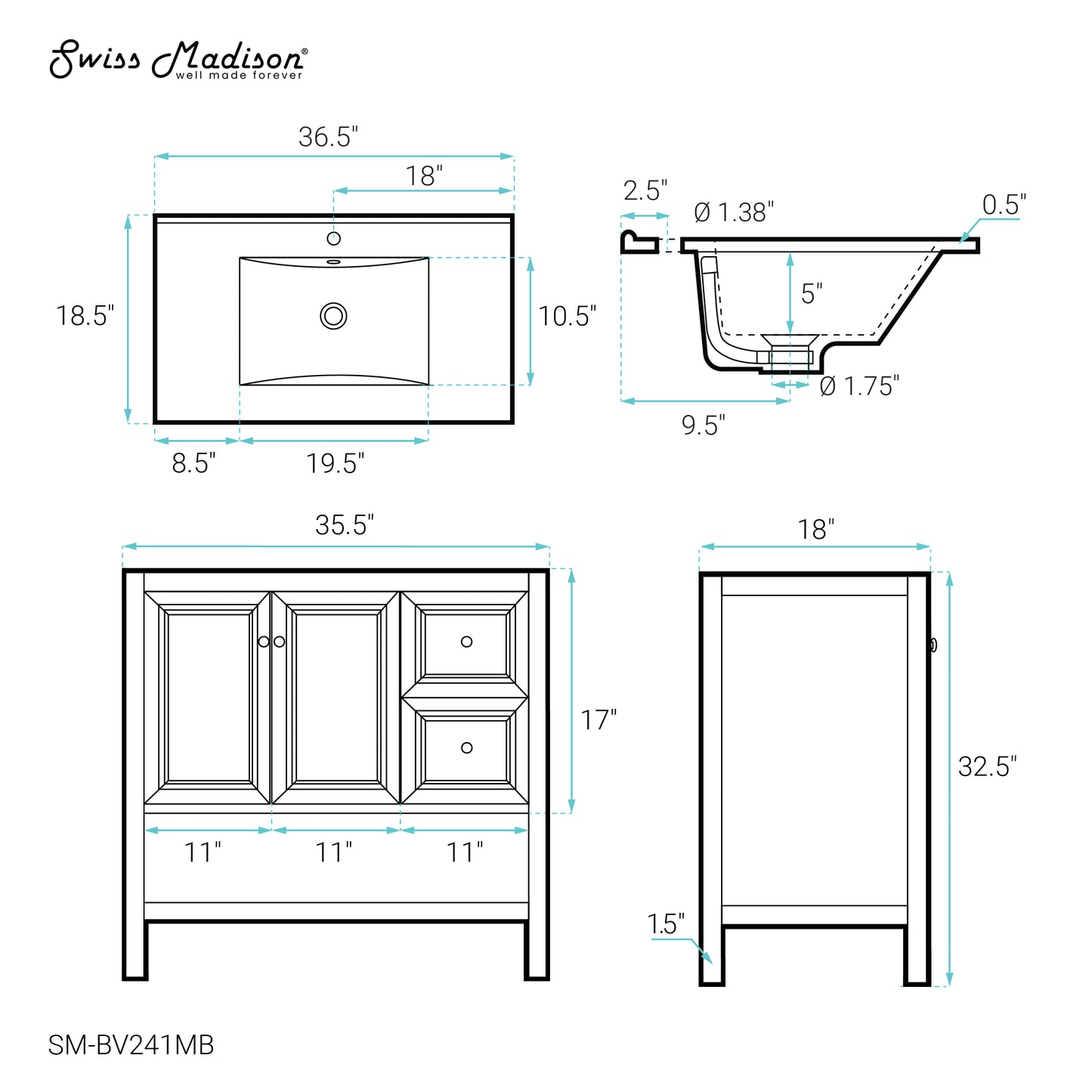 Swiss Madison, Chateau 36" Freestanding Bathroom Vanity in Golden Oak with Black Sink Top