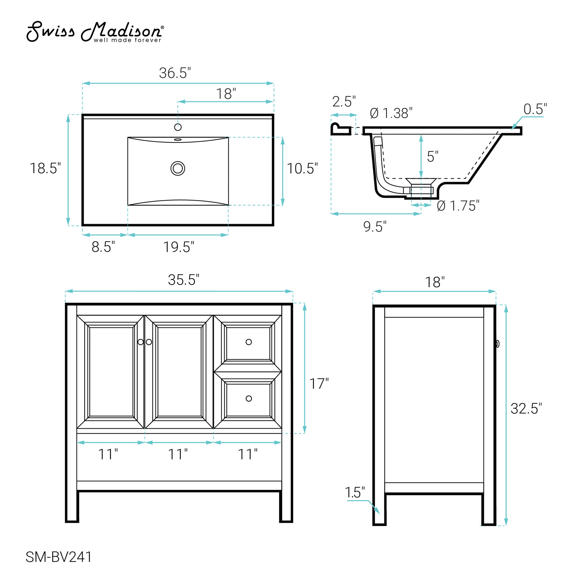 Swiss Madison Chateau 36-inch freestanding bathroom vanity in Golden Oak — view 12