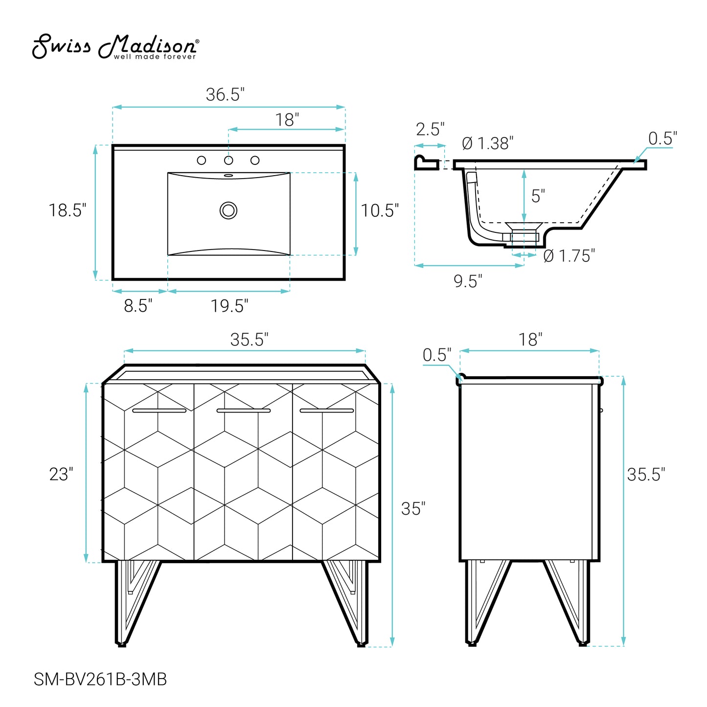 Swiss Madison, Annecy 36 in. Phantom Black Bathroom Vanity With Black, 3-Hole Ceramic Sink Top