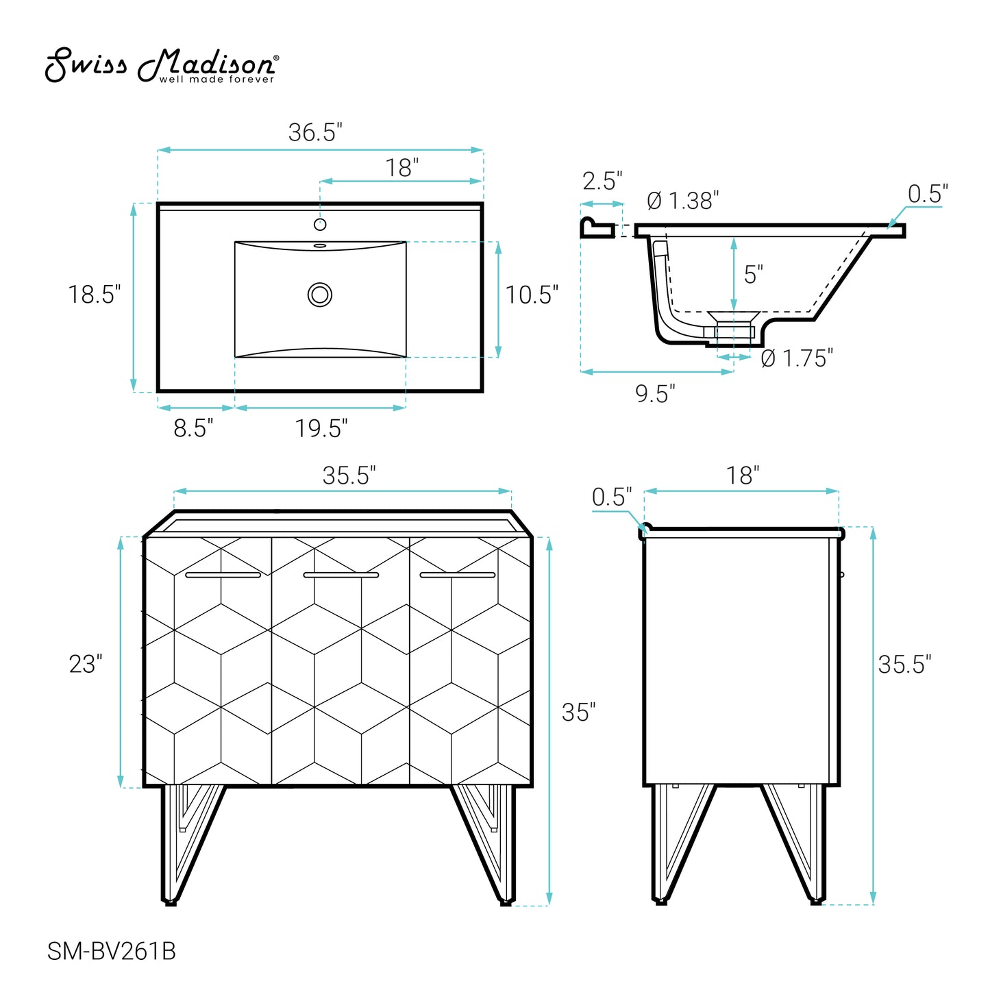 Swiss Madison, Annecy 36" Freestanding Bathroom Vanity in Phantom Black with Sink Top