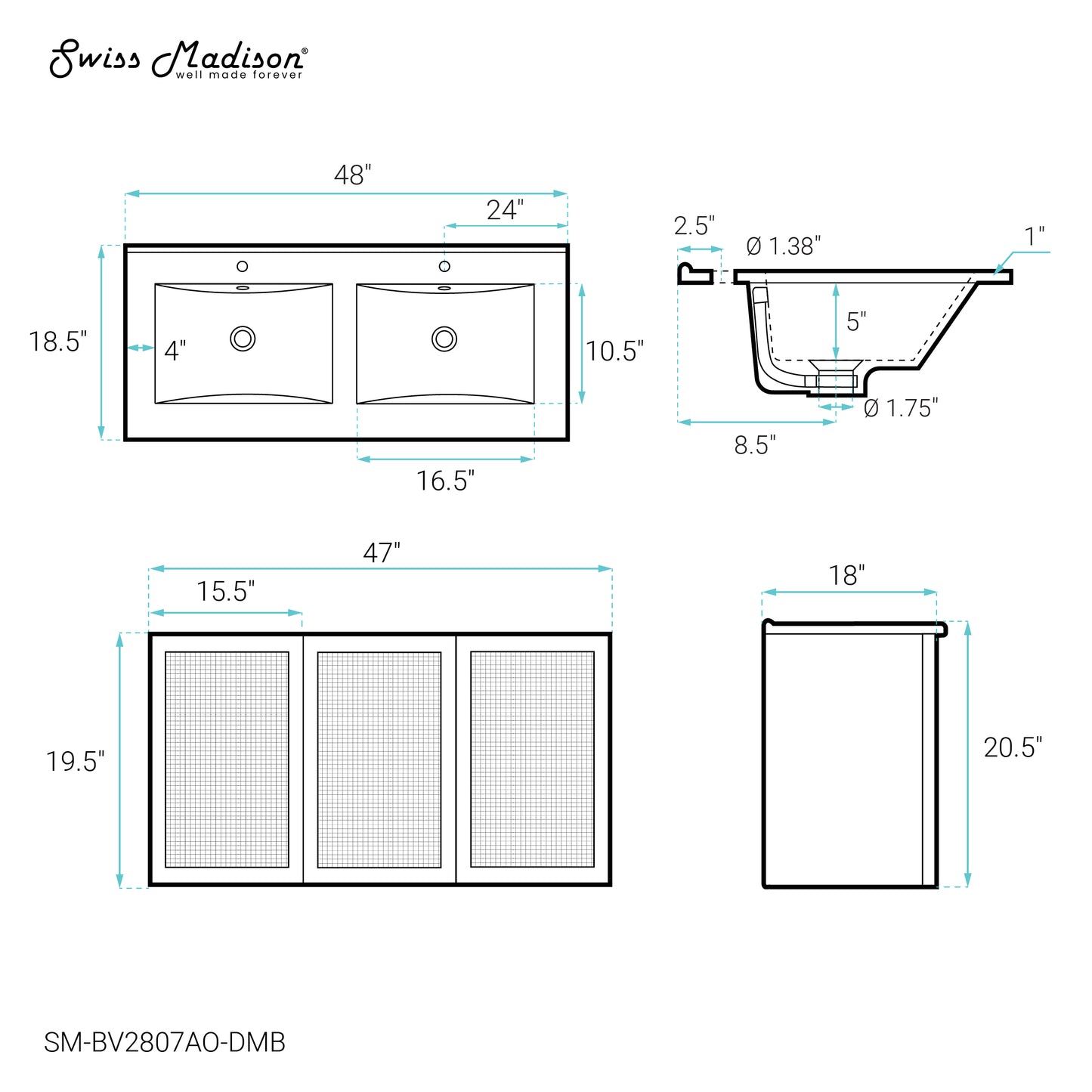 Swiss Madison, Classe 48" Wall-Mounted Bathroom Vanity in Black Oak with Black Double Basin Sink Top