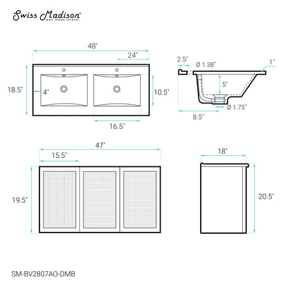 Swiss Madison, Classe 48" Wall-Mounted Bathroom Vanity in Black Oak with Black Double Basin Sink Top