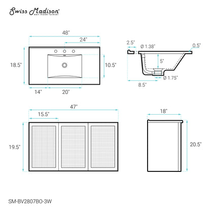 Swiss Madison, Classe 48" Wall-Mounted Bathroom Vanity in Brown Oak with 3-Hole Widespread Sink Top