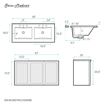Swiss Madison, Classe 48" Wall-Mounted Bathroom Vanity in Natural Oak with Black 3-Hole Widespread Double Basin Sink Top