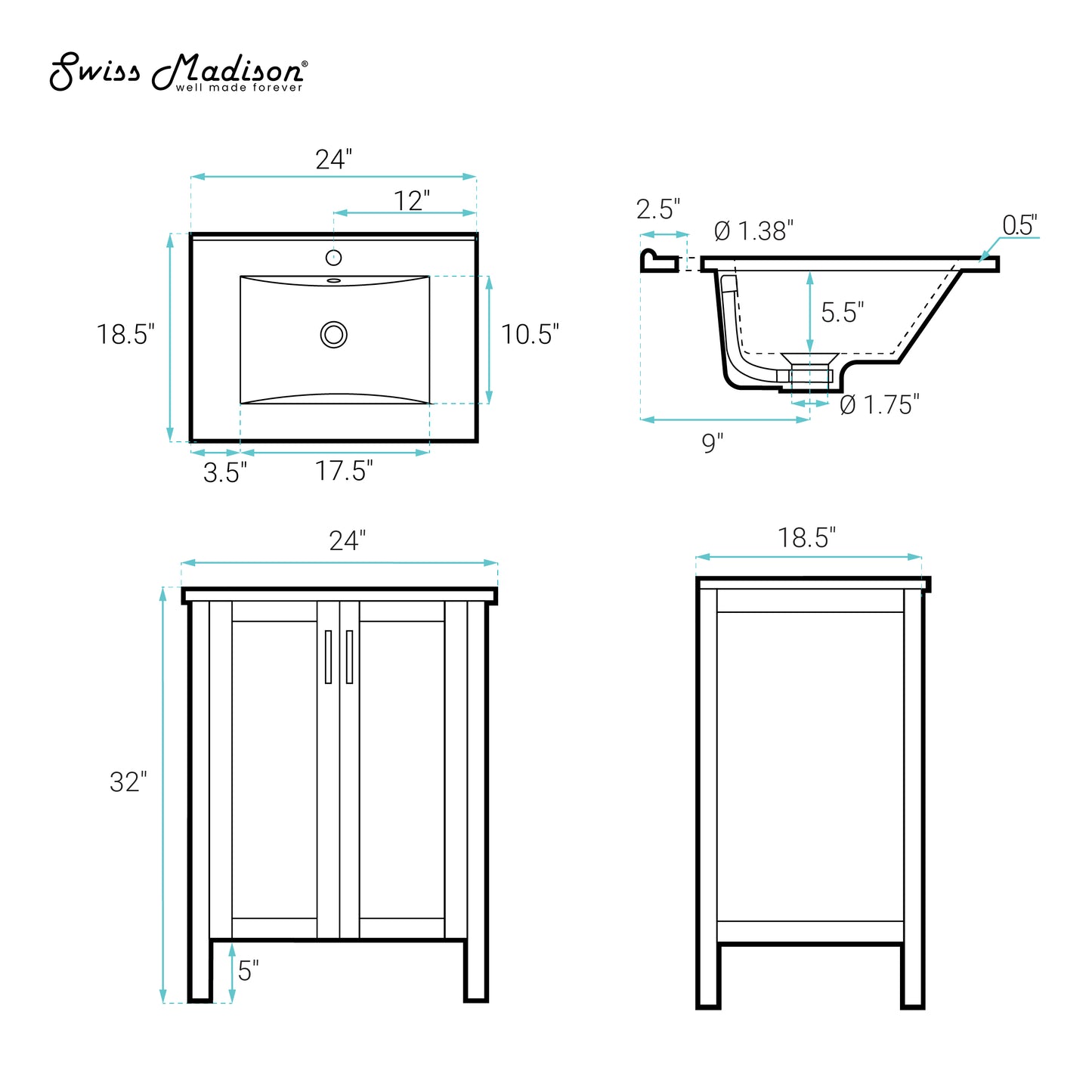 Swiss Madison, Avallon 24" Freestanding Bathroom Vanity in Black with Sink Top