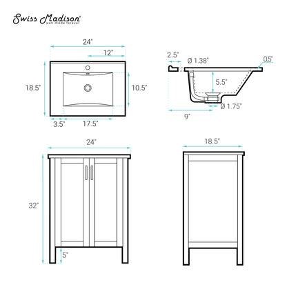 Swiss Madison, Avallon 24" Freestanding Bathroom Vanity in Black with Sink Top