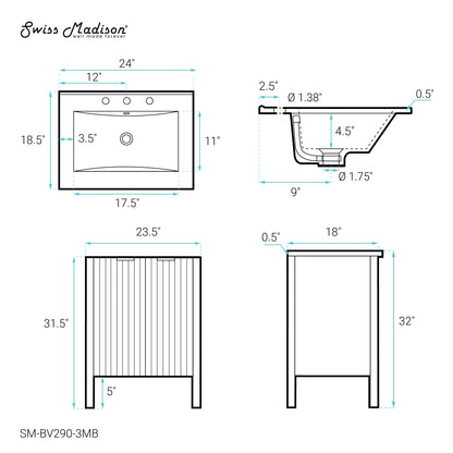 Swiss Madison, Bastille 24 in. White Bathroom Vanity With Black, 3-Hole Ceramic Sink Top
