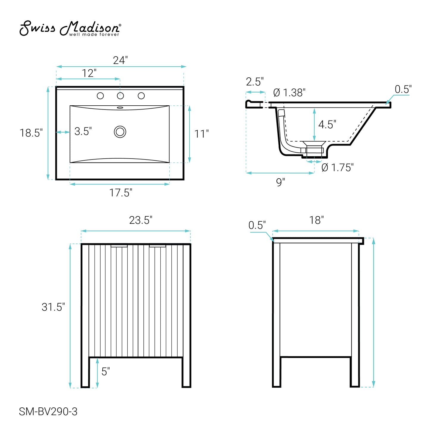 Swiss Madison, Bastille 24 in. White Bathroom Vanity With White, 3-Hole Ceramic Sink Top