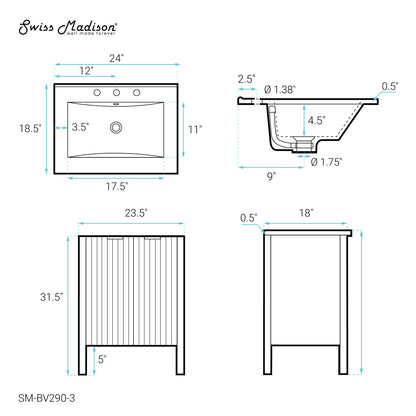 Swiss Madison, Bastille 24 in. White Bathroom Vanity With White, 3-Hole Ceramic Sink Top