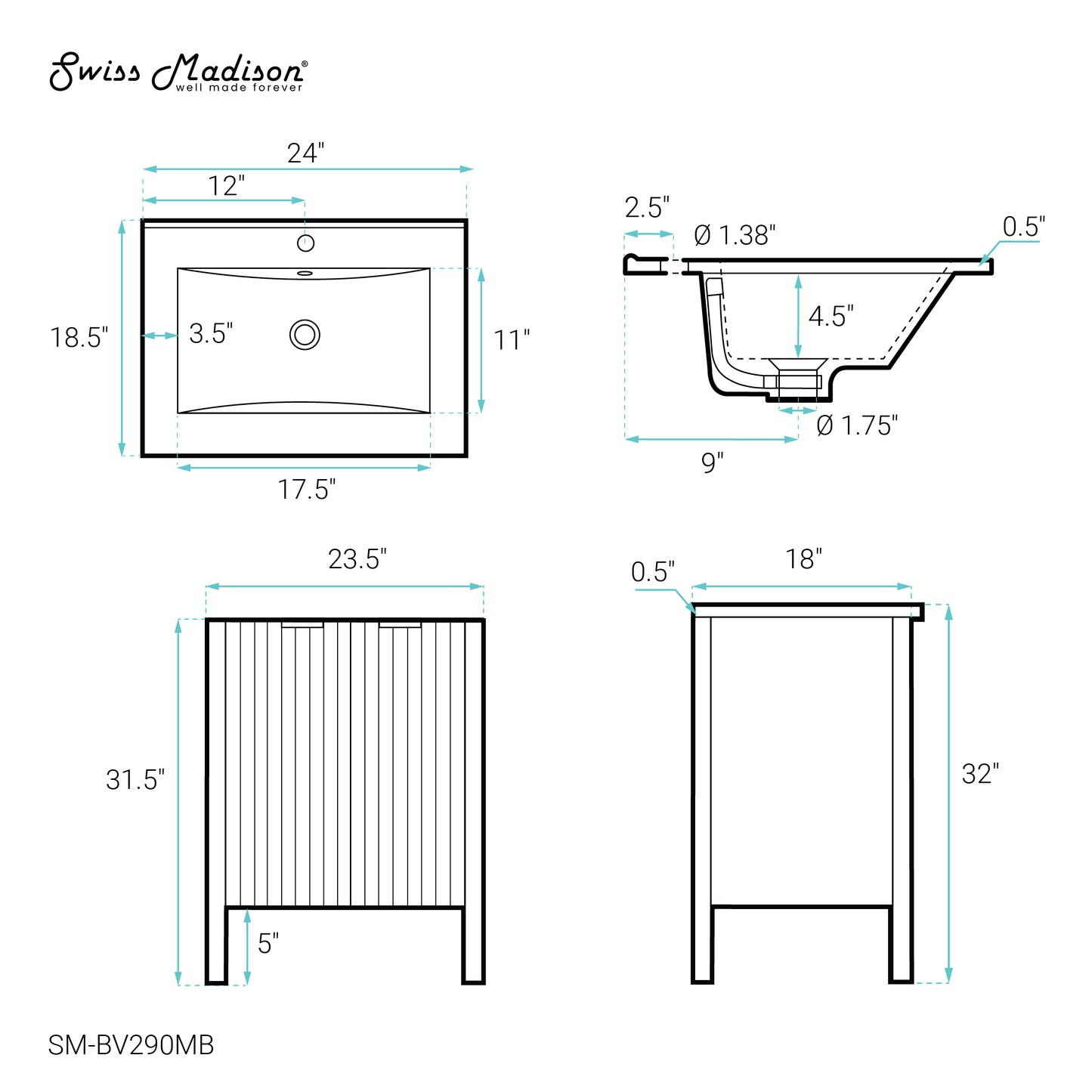 Swiss Madison, Bastille 24 in. White Bathroom Vanity With Black Ceramic Sink Top