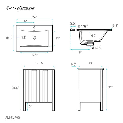 Swiss Madison, Bastille 24" Freestanding Bathroom Vanity in White with Sink Top