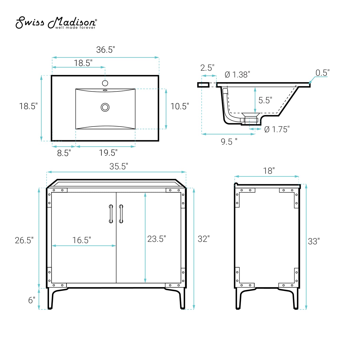 Swiss Madison, Voltaire 36" Freestanding Bathroom Vanity in White with Sink Top