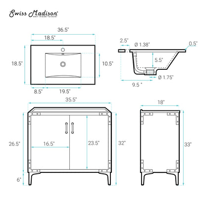 Swiss Madison, Voltaire 36" Freestanding Bathroom Vanity in White with Sink Top