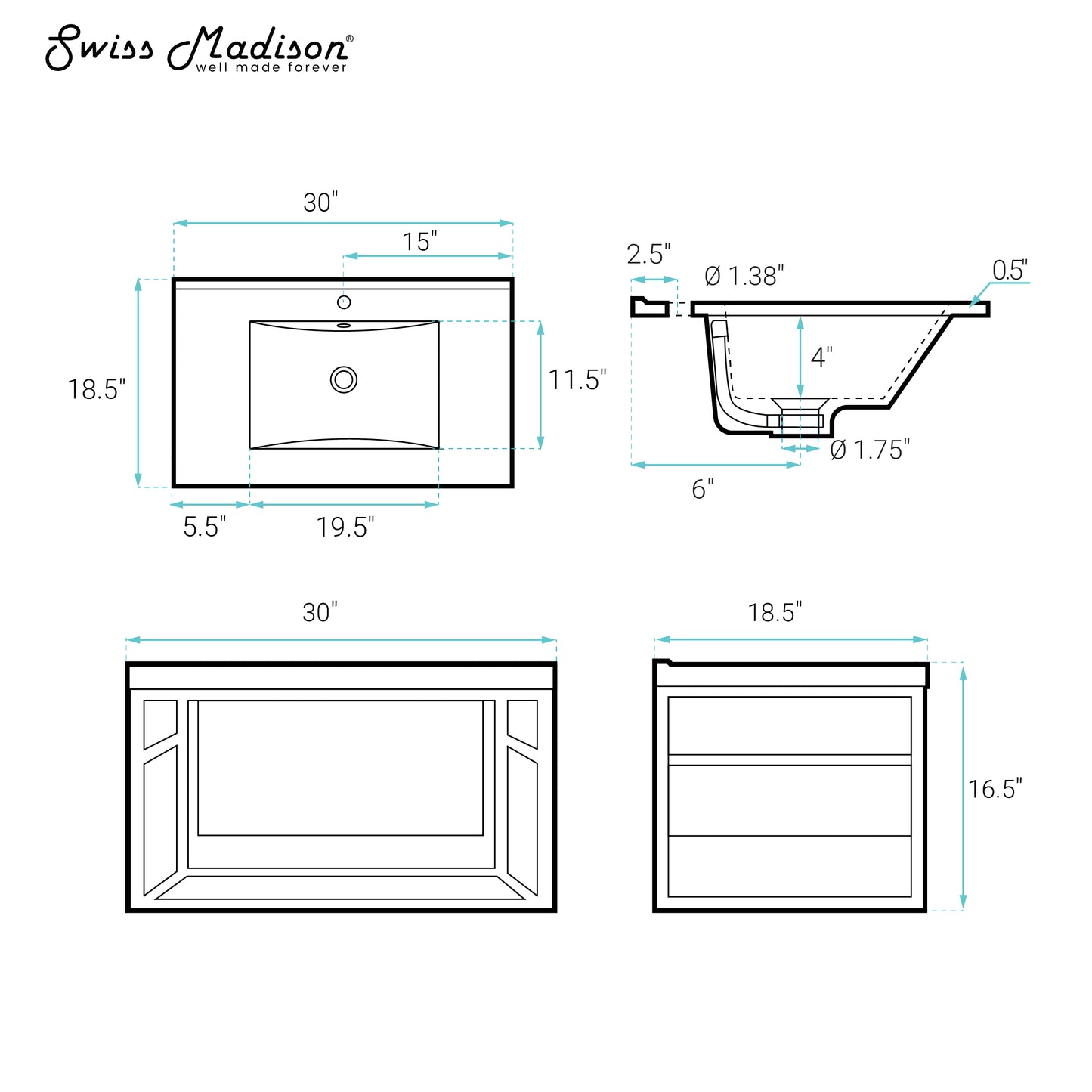 Swiss Madison, Claire 30" Wall-Mounted Bathroom Vanity in Black Oak with Sink Top