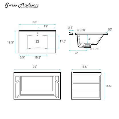 Swiss Madison, Claire 30" Wall-Mounted Bathroom Vanity in Black Oak with Sink Top