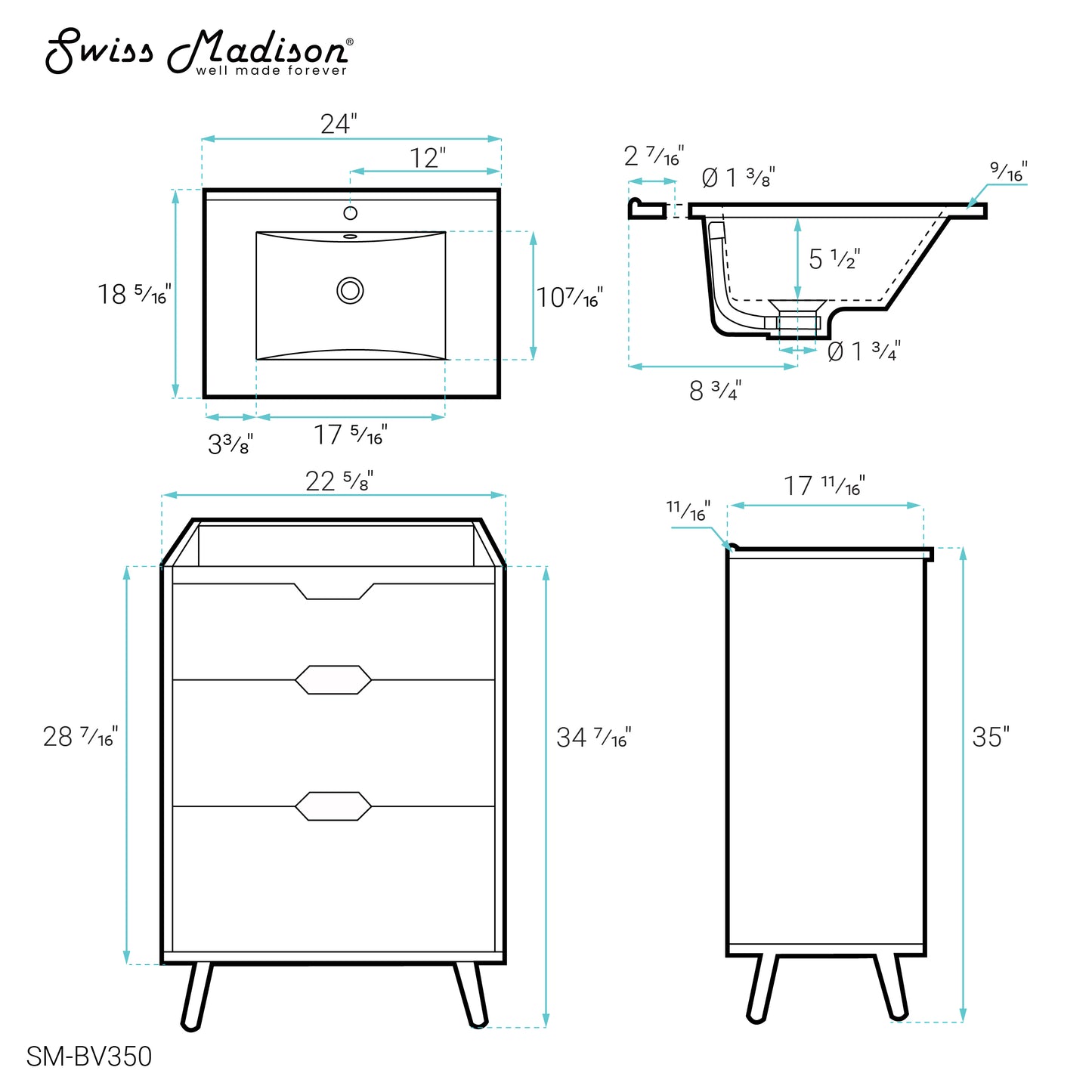 Swiss Madison, Brusque 24" Freestanding Bathroom Vanity in Natural Oak with Sink Top