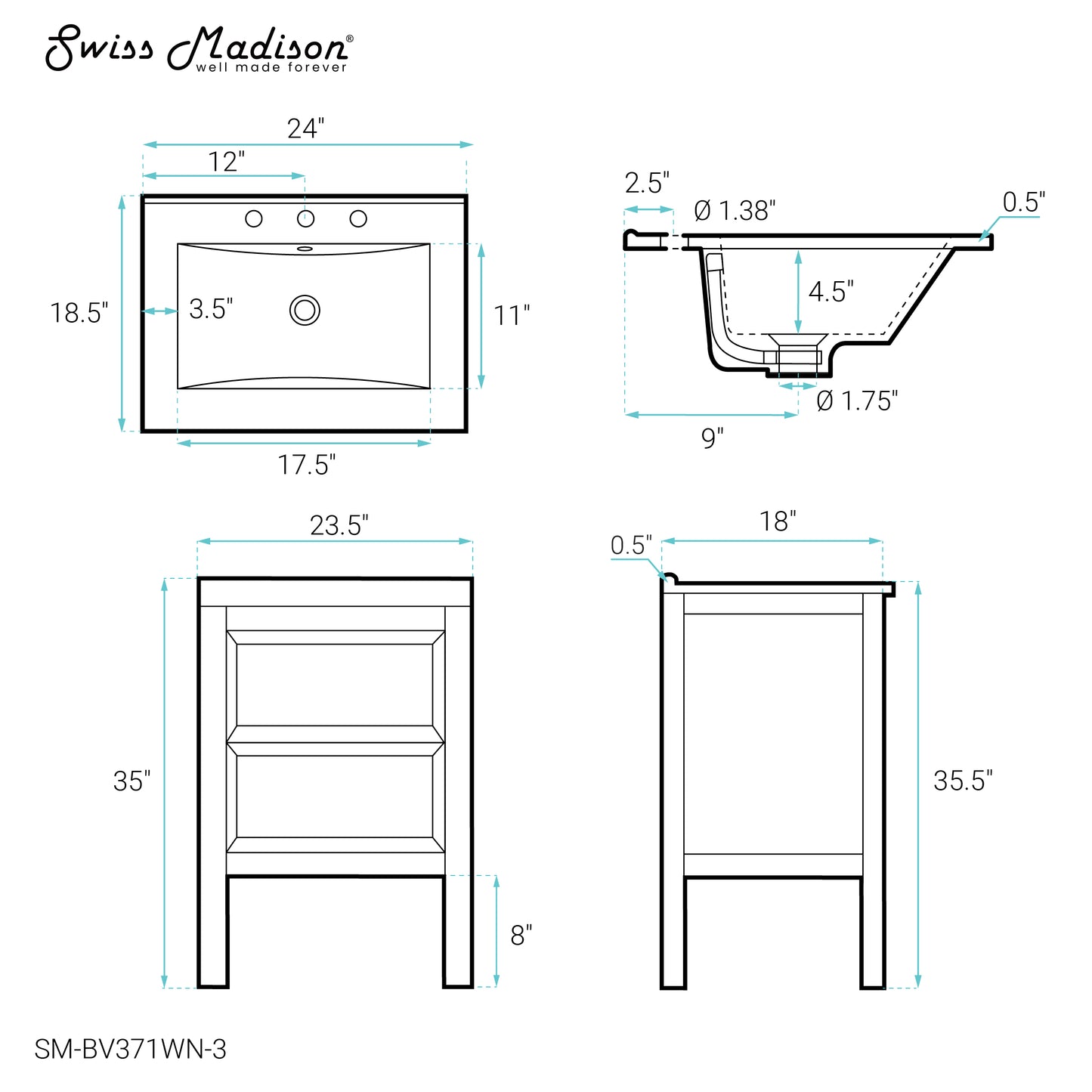 Swiss Madison, Nadar 24 in. Brown Walnut Bathroom Vanity With White, 3-Hole Ceramic Sink Top