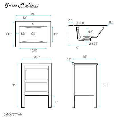 Swiss Madison, Nadar 24" Freestanding Bathroom Vanity in Brown Oak with Sink Top
