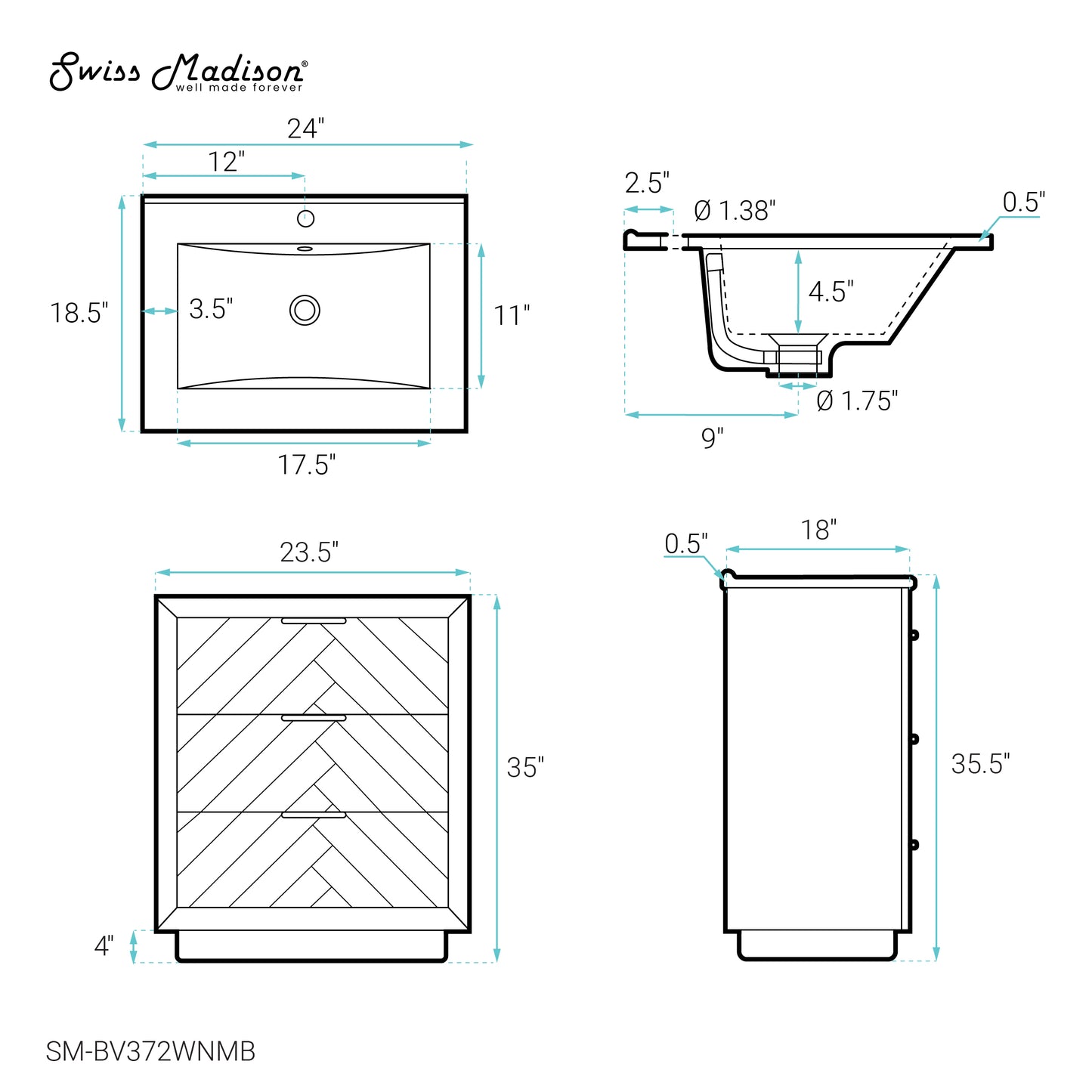 Swiss Madison, Daxton 24" Freestanding Bathroom Vanity in Brown Oak with Black Sink Top