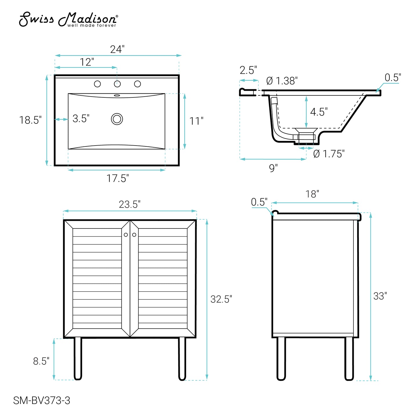 Swiss Madison, Bron 24" Freestanding Bathroom Vanity in Golden Oak with 3-Hole Centerset Sink Top