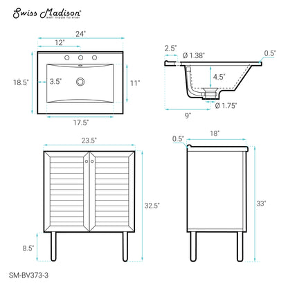 Swiss Madison, Bron 24" Freestanding Bathroom Vanity in Golden Oak with 3-Hole Centerset Sink Top