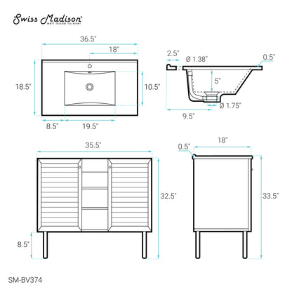 Swiss Madison, Bron 36" Freestanding Bathroom Vanity in Golden Oak with Sink Top