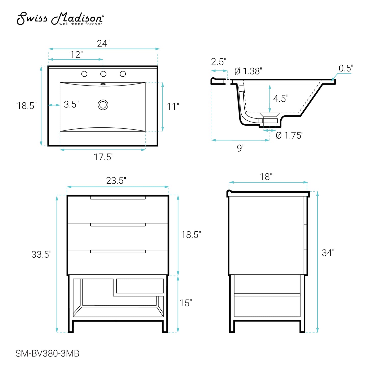 Swiss Madison, Carre 24 in. White Oak Bathroom Vanity With Black, 3-Hole Ceramic Sink Top