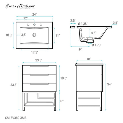 Swiss Madison, Carre 24 in. White Oak Bathroom Vanity With Black, 3-Hole Ceramic Sink Top