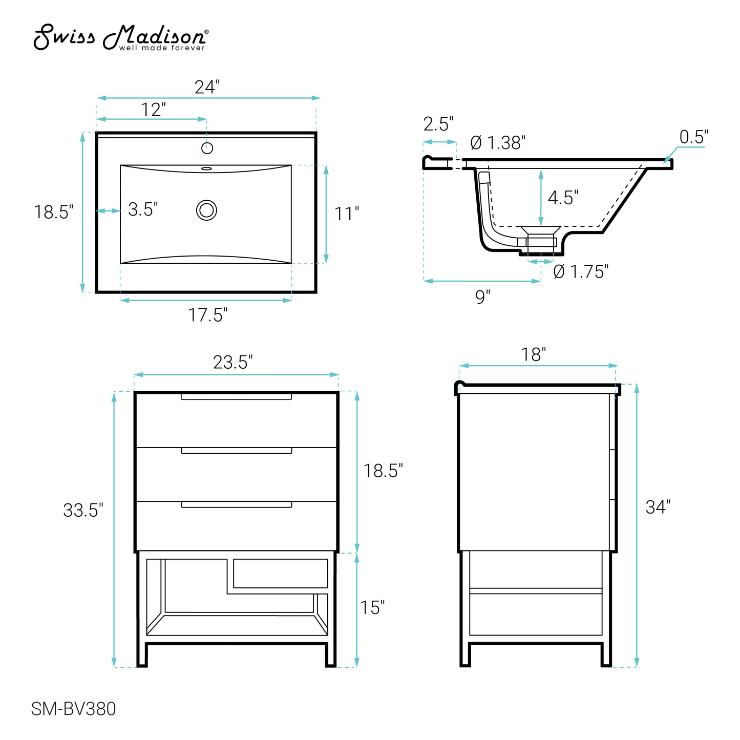 Swiss Madison, Carre 24" Freestanding Bathroom Vanity in Golden Oak with Sink Top