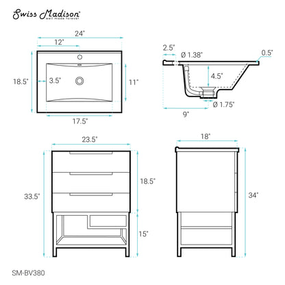 Swiss Madison, Carre 24" Freestanding Bathroom Vanity in Golden Oak with Sink Top