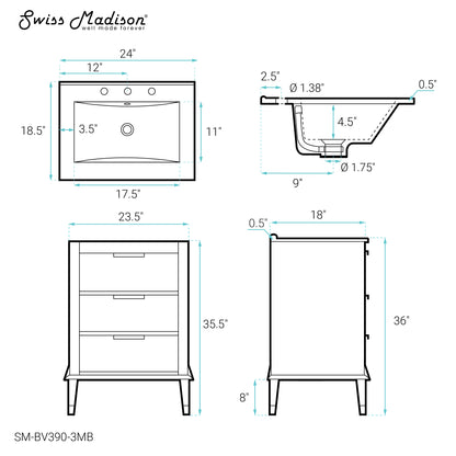 Swiss Madison, Hugo 24 in. Brown Oak Bathroom Vanity With Black, 3-Hole Ceramic Sink Top