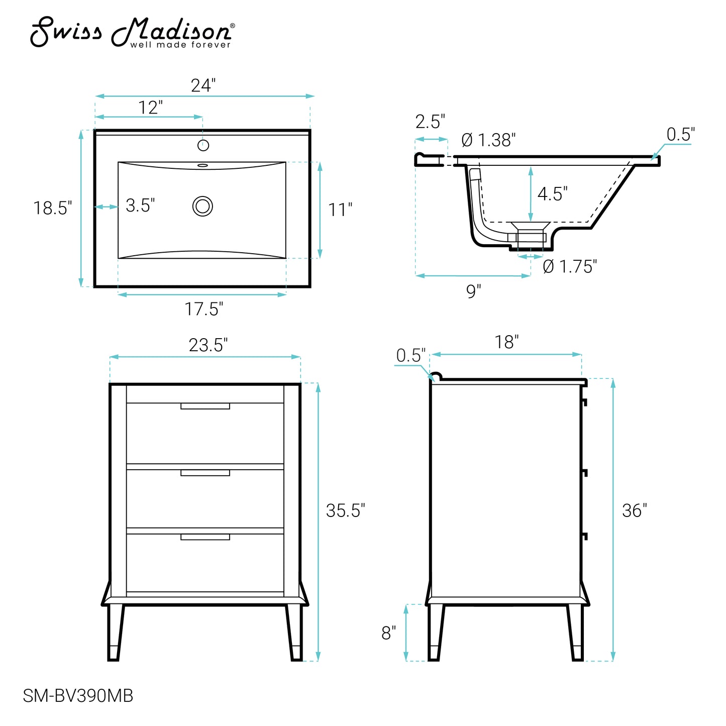 Swiss Madison, Hugo 24 in. Brown Oak Bathroom Vanity With Black Ceramic Sink Top
