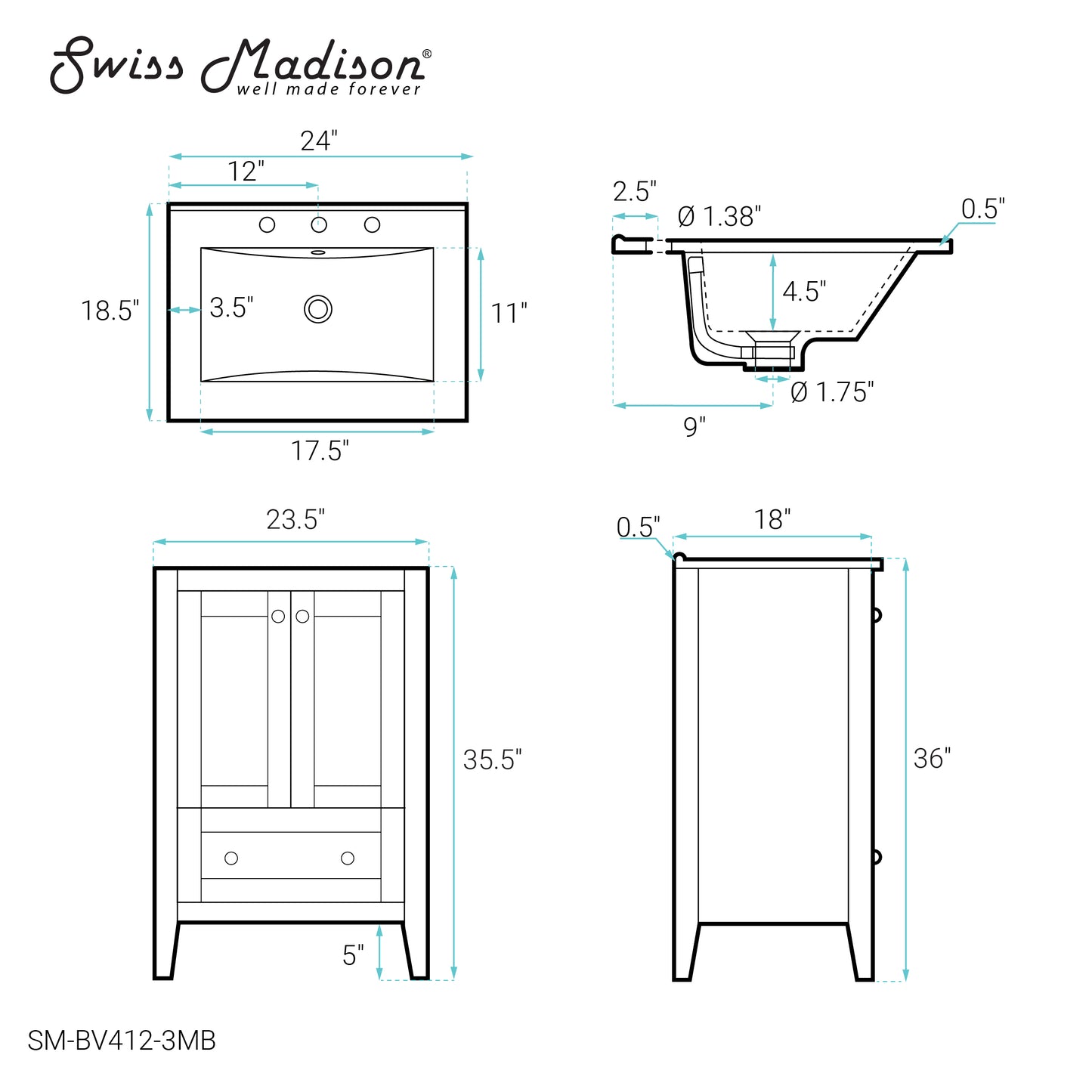 Swiss Madison, Cannes 24 in. White Bathroom Vanity With Black, 3-Hole Ceramic Sink Top