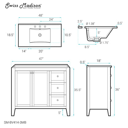 Swiss Madison, Cannes 48 in. White Bathroom Vanity With Black, 3-Hole Ceramic Sink Top